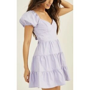 Z1 Altar'd State Lavender Julia Mini Dress Back Bow Ties Puff Sleeves Purple XL
